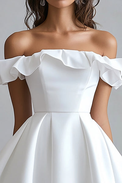 ZAPAKA Women Off The Shoulder White Graduation Dress A Line Satin Ruffled  Little White Dress