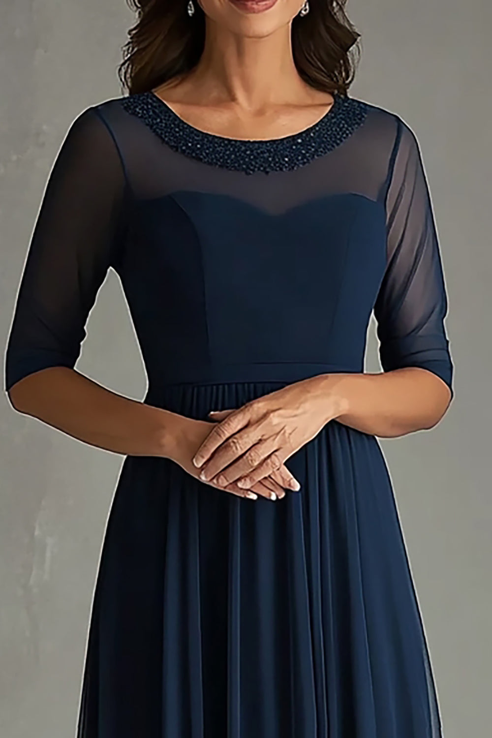 Navy Tulle A Line Half Sleeves Pleated Long Mother Of Bride Dress