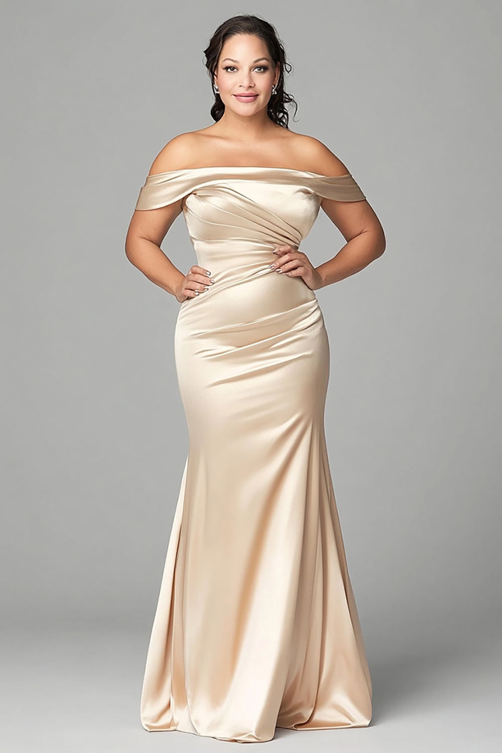 Champagne Mermaid Off the Shoulder Plus Size Satin Mother of the Bride Dress
