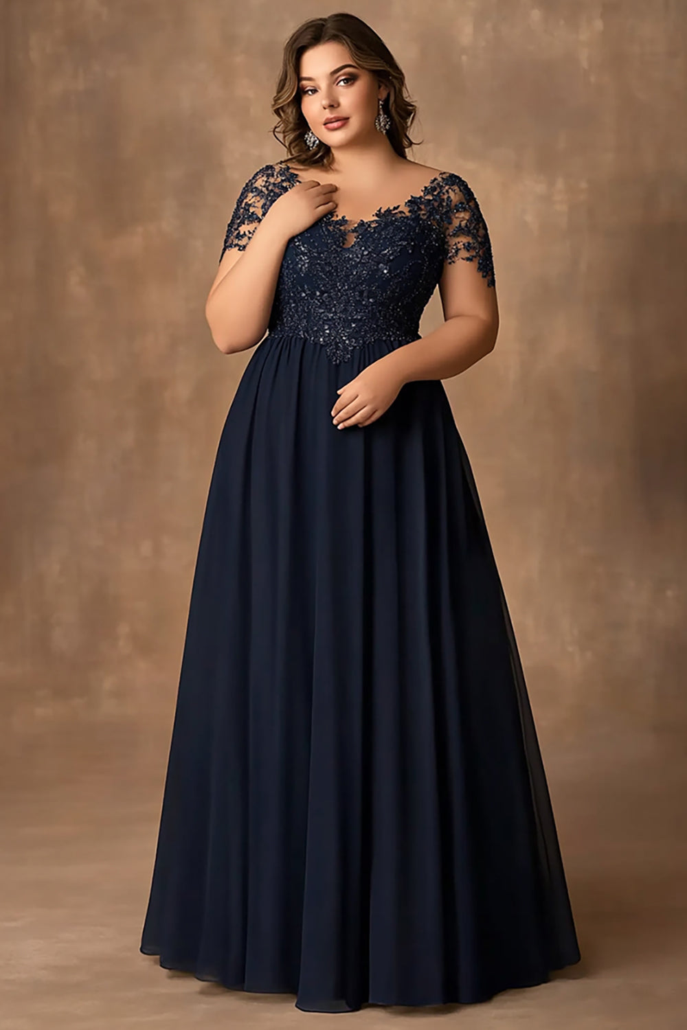 Navy A Line Lace Plus Size Long Mother of the Bride Dress