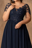 Navy A Line Lace Plus Size Long Mother of the Bride Dress
