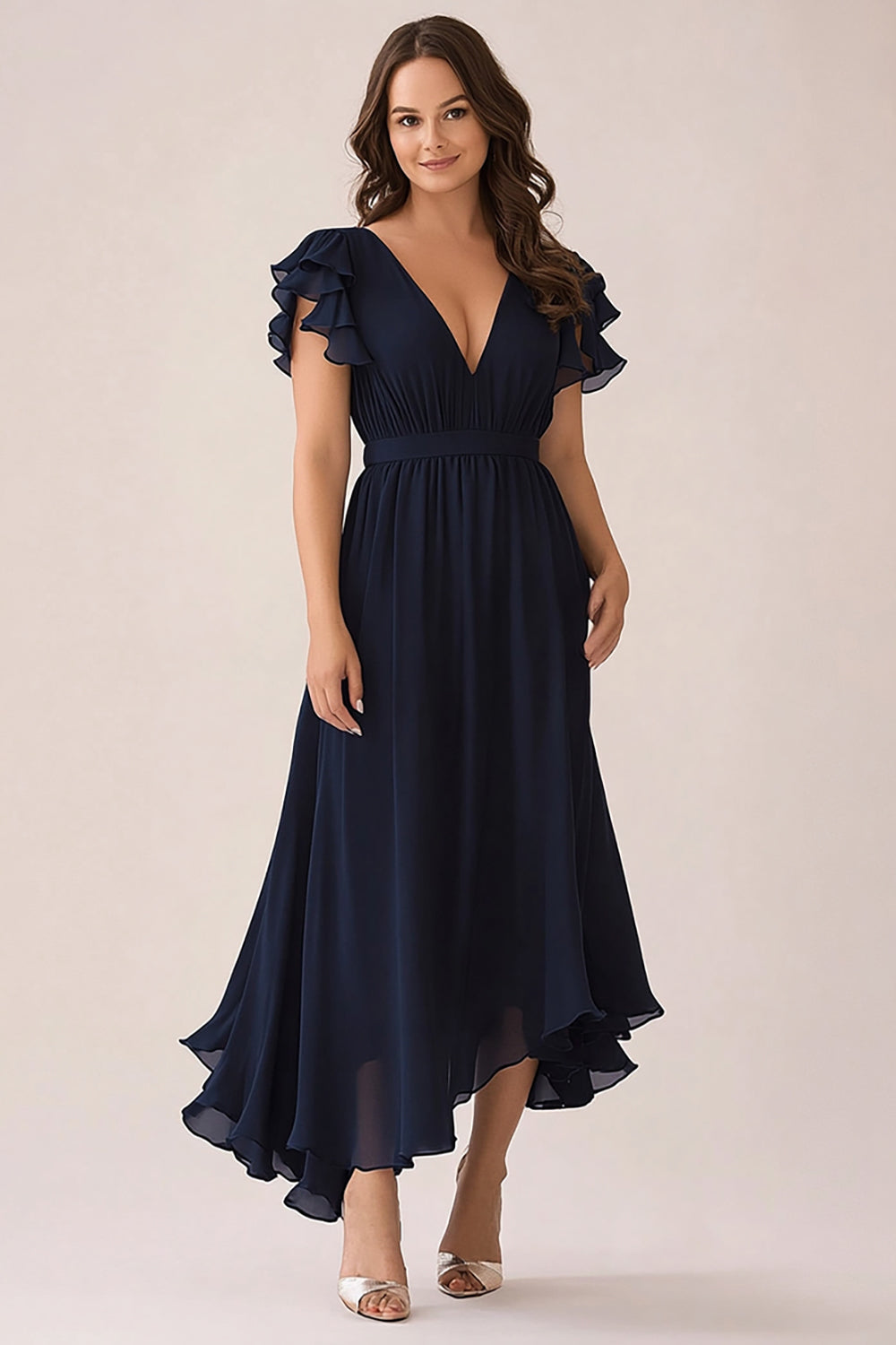 Navy V Neck Asymmetrical Plus Size Chiffon Mother of the Bride Dress