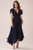 Navy V Neck Asymmetrical Plus Size Chiffon Mother of the Bride Dress