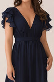 Navy V Neck Asymmetrical Plus Size Chiffon Mother of the Bride Dress