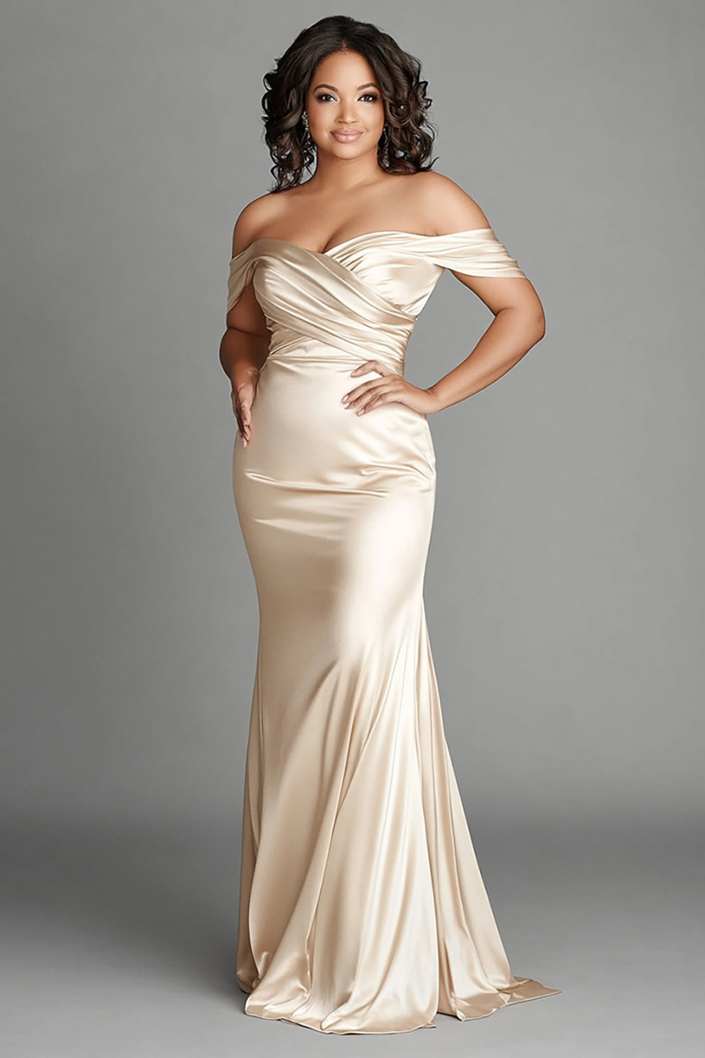 Off The Shoulder Champagne Sheath Satin Plus Size Mother of the Bride Dress