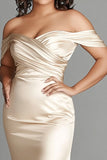 Off The Shoulder Champagne Sheath Satin Plus Size Mother of the Bride Dress