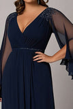 Navy A Line V-Neck Chiffon Lace Plus Size Mother of the Bride Dress