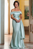 Mint Satin Sheath Off The Shoulder Ruched Long Mother Of Bride Dress
