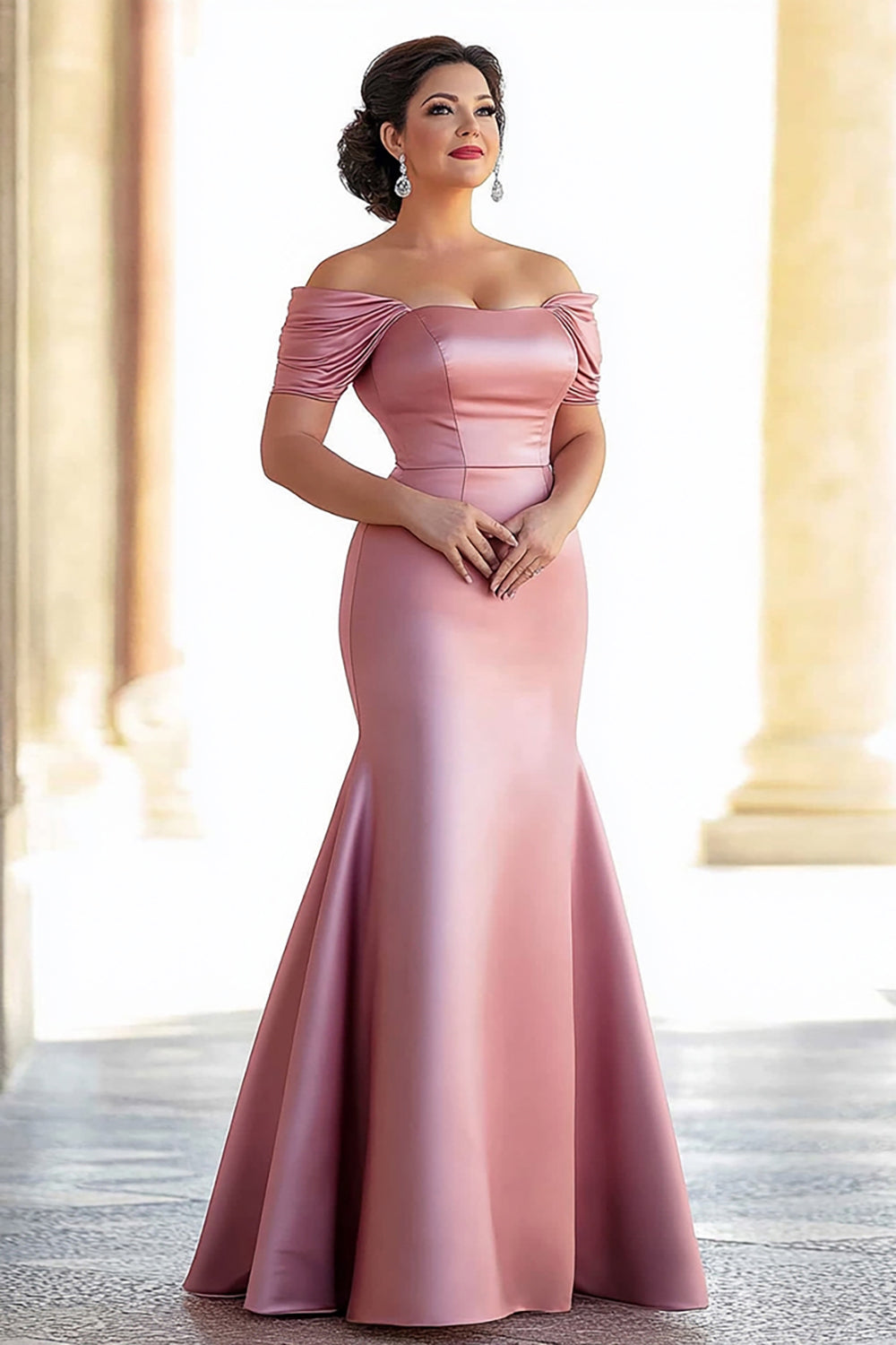 Pink Sheath Ruched Off the Shoulder Satin Long Mother of the Bride Dress