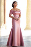 Pink Sheath Ruched Off the Shoulder Satin Long Mother of the Bride Dress