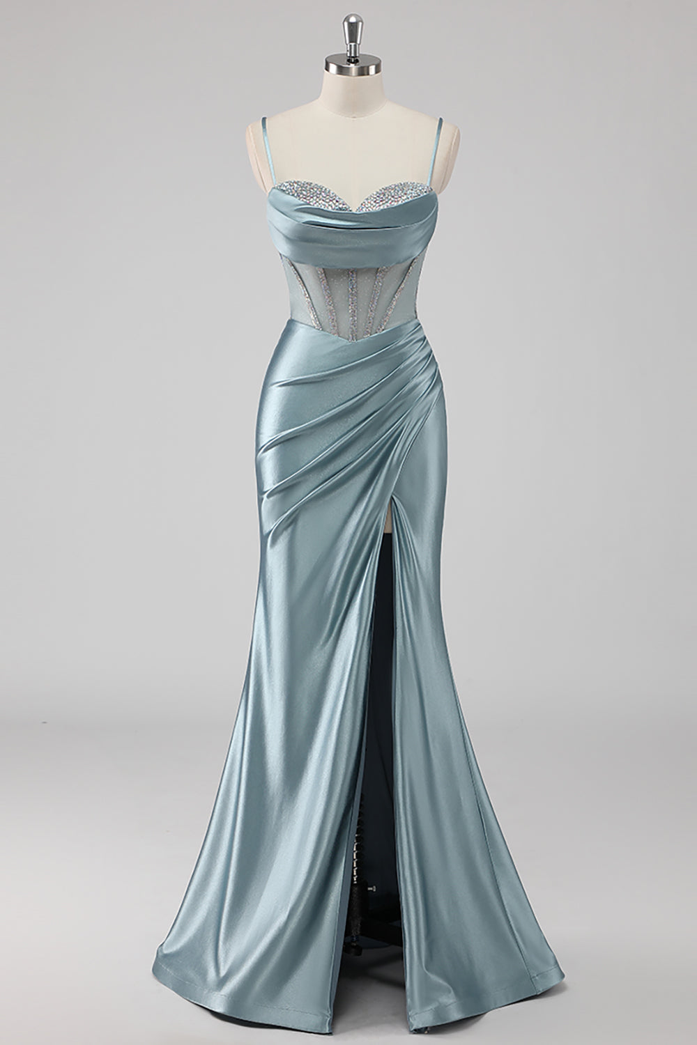 Sparkly Grey Blue Sheath Spaghetti Straps Corset Beading Long Prom Dress with Slit