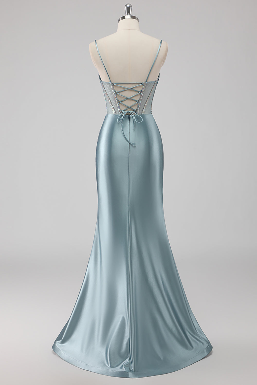 Sparkly Grey Blue Sheath Spaghetti Straps Corset Beading Long Prom Dress with Slit