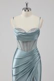 Sparkly Grey Blue Sheath Spaghetti Straps Corset Beading Long Prom Dress with Slit