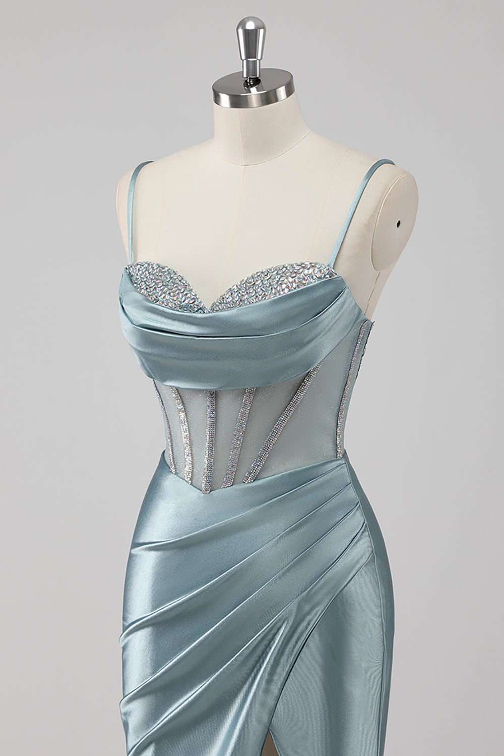 Sparkly Grey Blue Sheath Spaghetti Straps Corset Beading Long Prom Dress with Slit