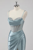 Sparkly Grey Blue Sheath Spaghetti Straps Corset Beading Long Prom Dress with Slit