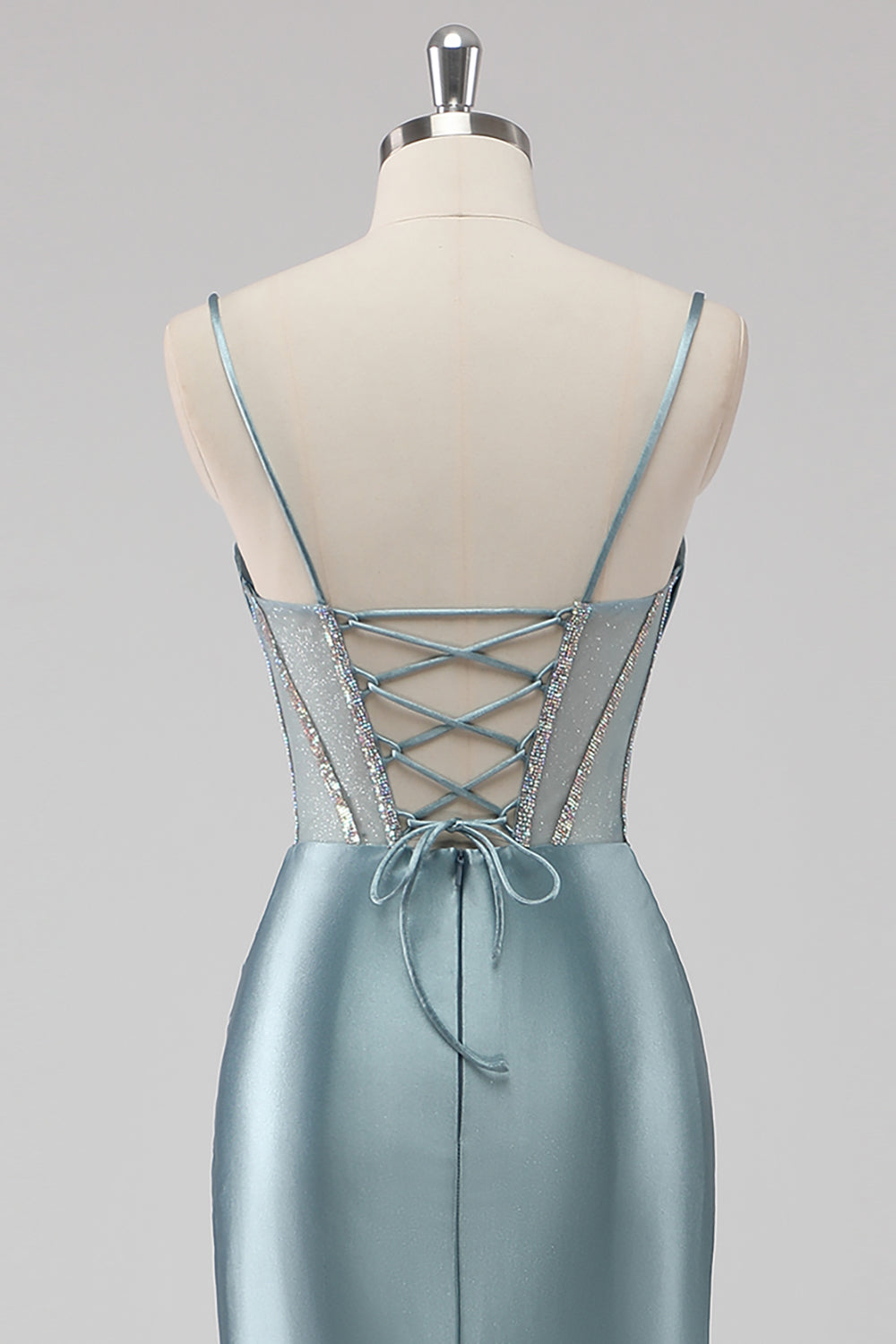 Sparkly Grey Blue Sheath Spaghetti Straps Corset Beading Long Prom Dress with Slit