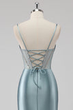 Sparkly Grey Blue Sheath Spaghetti Straps Corset Beading Long Prom Dress with Slit