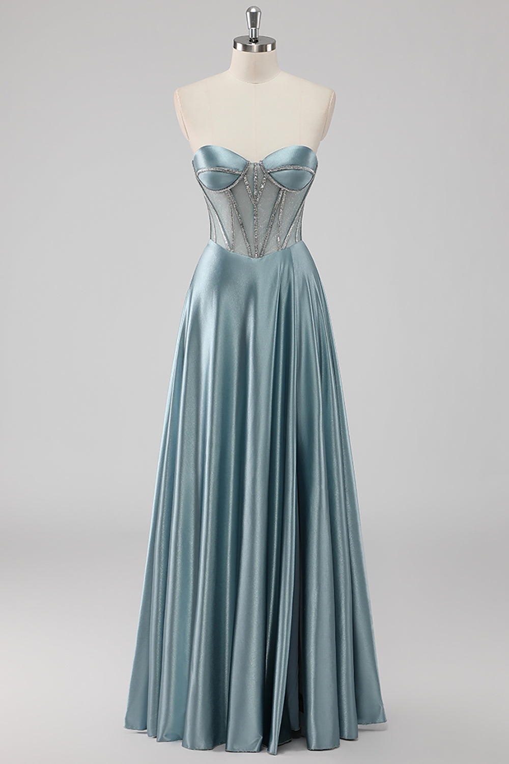 Grey Blue A-Line Strapless Corset Satin Long Prom Dress with Beading