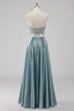 Grey Blue A-Line Strapless Corset Satin Long Prom Dress with Beading