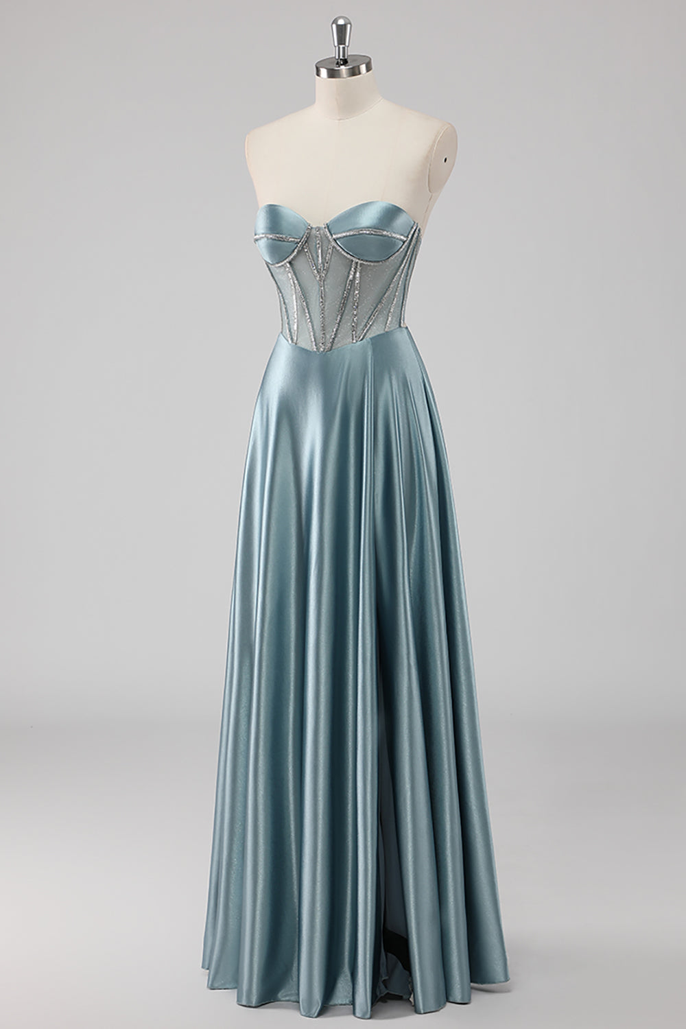Grey Blue A-Line Strapless Corset Satin Long Prom Dress with Beading