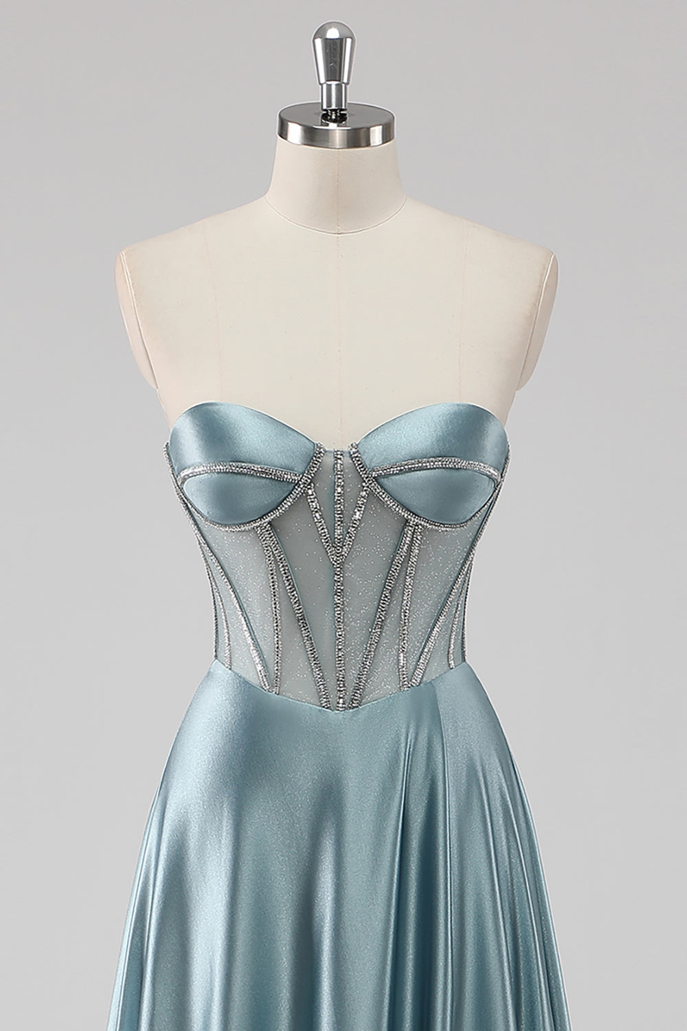 Grey Blue A-Line Strapless Corset Satin Long Prom Dress with Beading