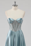 Grey Blue A-Line Strapless Corset Satin Long Prom Dress with Beading