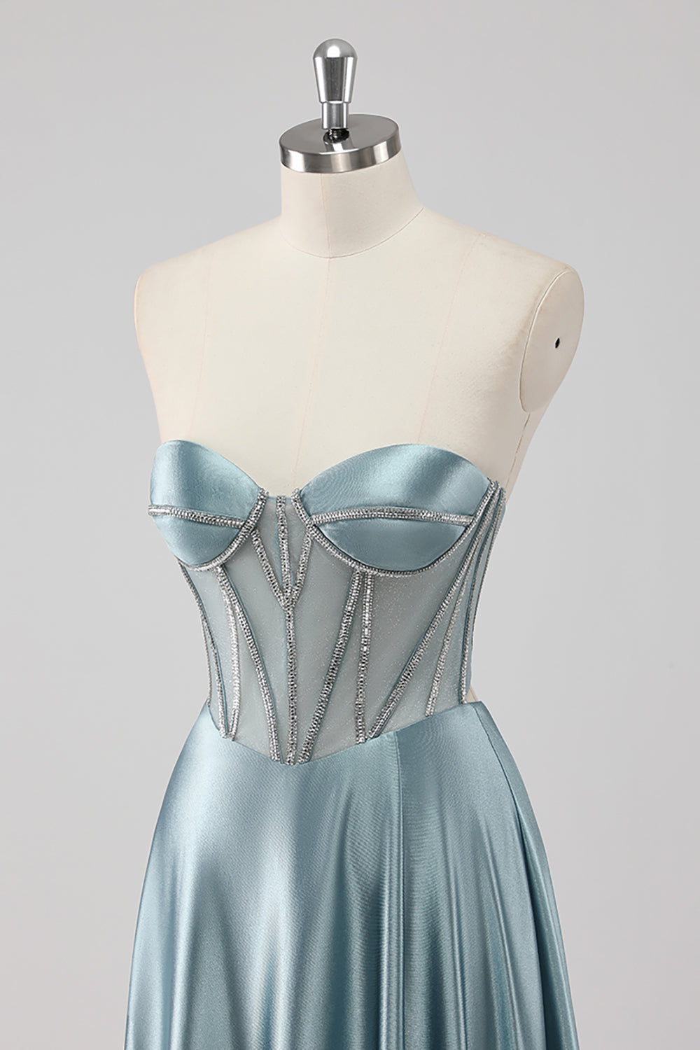 Grey Blue A-Line Strapless Corset Satin Long Prom Dress with Beading