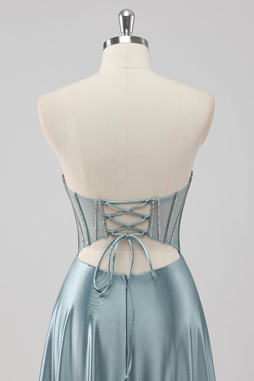 Grey Blue A-Line Strapless Corset Satin Long Prom Dress with Beading