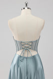 Grey Blue A-Line Strapless Corset Satin Long Prom Dress with Beading