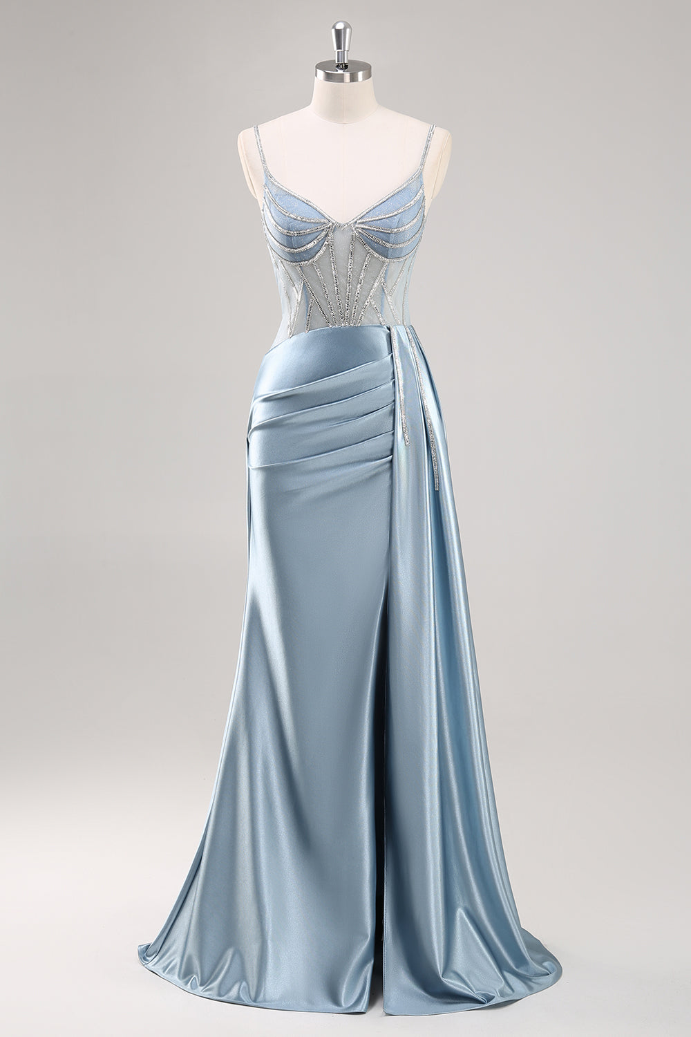 Dusty Blue Sheath Spaghetti Straps Cape Long Prom Dress with Beading