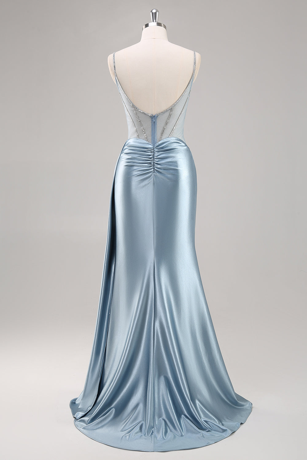 Dusty Blue Sheath Spaghetti Straps Cape Long Prom Dress with Beading