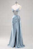 Dusty Blue Sheath Spaghetti Straps Cape Long Prom Dress with Beading