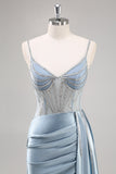 Dusty Blue Sheath Spaghetti Straps Cape Long Prom Dress with Beading