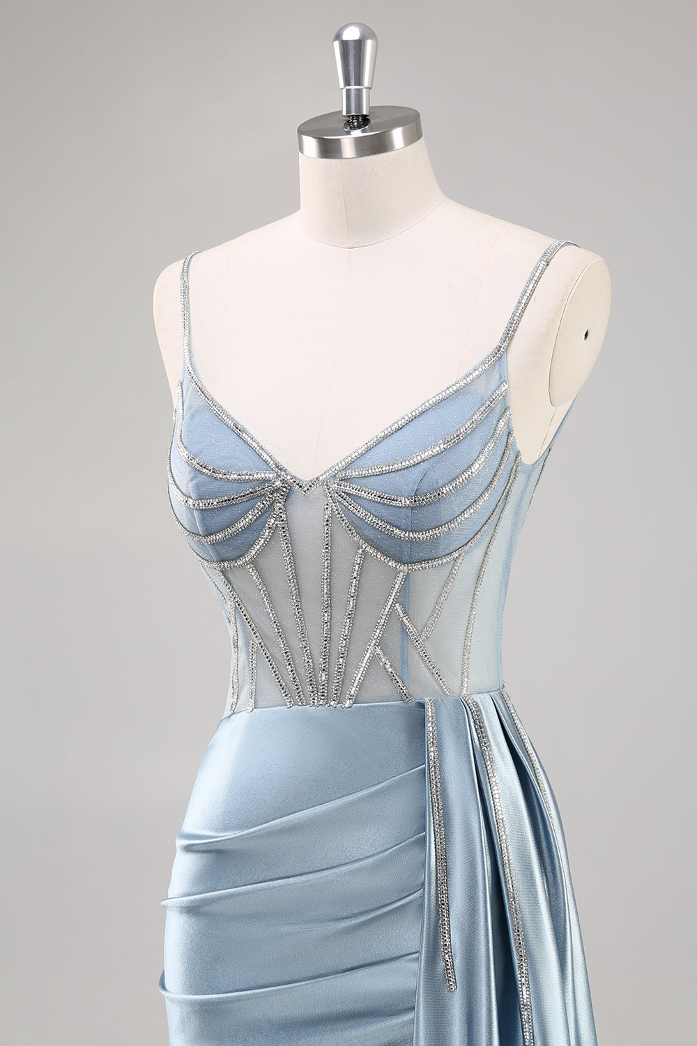 Dusty Blue Sheath Spaghetti Straps Cape Long Prom Dress with Beading