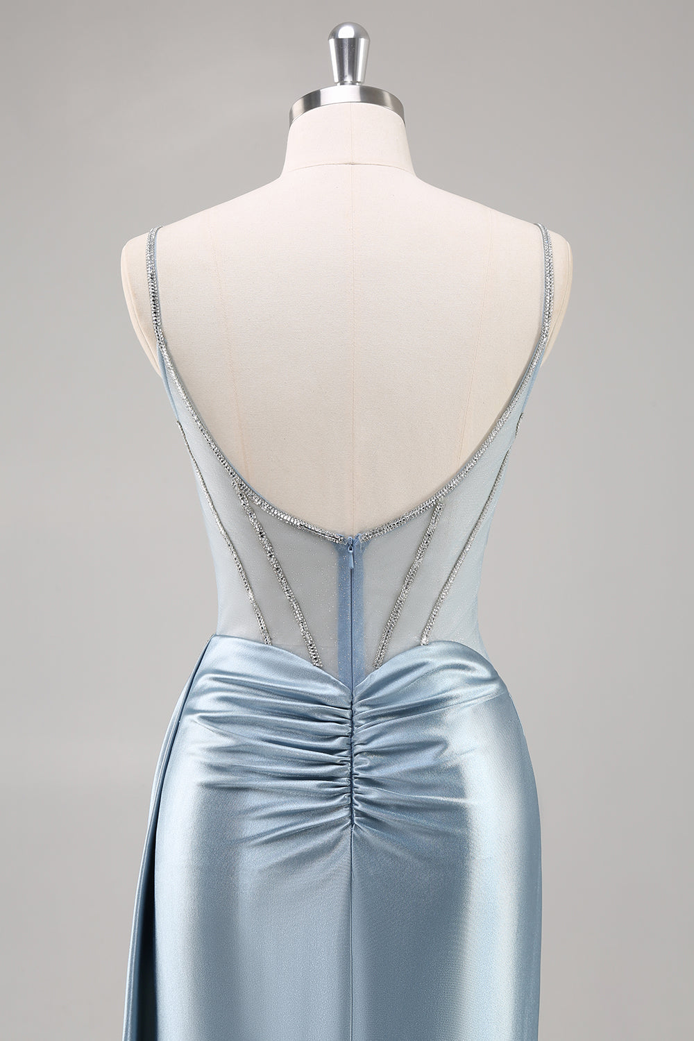 Dusty Blue Sheath Spaghetti Straps Cape Long Prom Dress with Beading