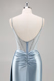 Dusty Blue Sheath Spaghetti Straps Cape Long Prom Dress with Beading
