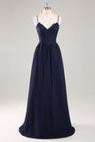 Navy Spaghetti Straps A Line Long Prom Dress with Appliques