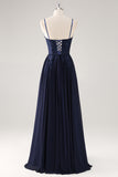Navy Spaghetti Straps A Line Long Prom Dress with Appliques