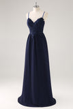 Navy Spaghetti Straps A Line Long Prom Dress with Appliques