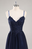 Navy Spaghetti Straps A Line Long Prom Dress with Appliques