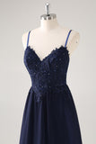 Navy Spaghetti Straps A Line Long Prom Dress with Appliques