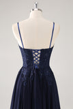 Navy Spaghetti Straps A Line Long Prom Dress with Appliques