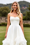 Ruffled A Line Ivory Sleeveless Long Wedding Dress