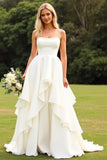 A Line Ruffled Ivory Spaghetti Straps Wedding Dress