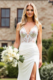 Ivory Mermaid Ruched V Neck Lace Wedding Dress With Slit