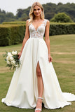 Ivory A Line Lace V Neck Wedding Dress with Slit