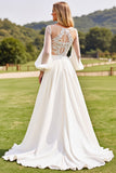 Ivory Long Sleeves Lace Wedding Dress with Appliques