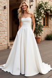 Strapless A Line Ivory Satin Ruched Wedding Dress