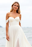 Ivory A Line Off the Shoulder Wedding Dress with Slit