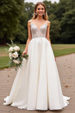 Ivory Spaghetti Straps A Line Weding Dress with Beading